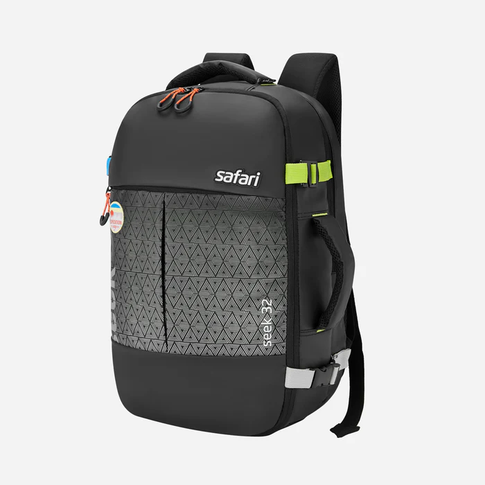 Safari Seek 32L Black Backpack Suitcase with Two Way Handle, Luggage Style Packing and Compression Straps