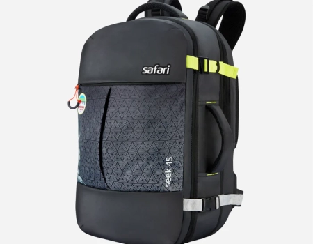 Safari Seek 45L Black Backpack Suitcase with Two Way Handle, Chest Straps & Luggage Style Packing